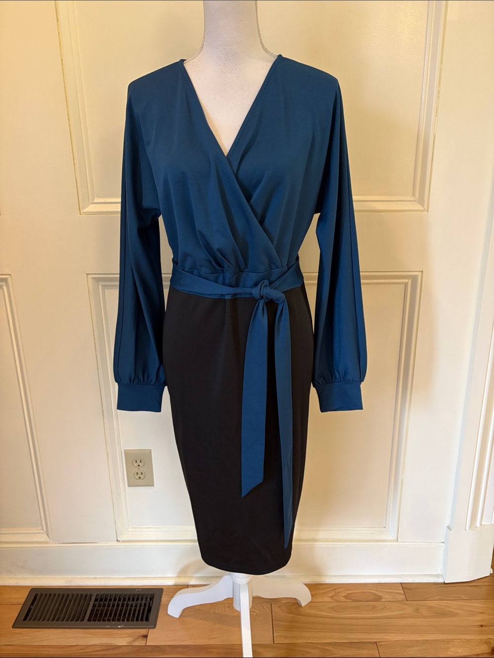 Grace Karin Teal Wrap Bodice Long Sleeve Sheath Dress